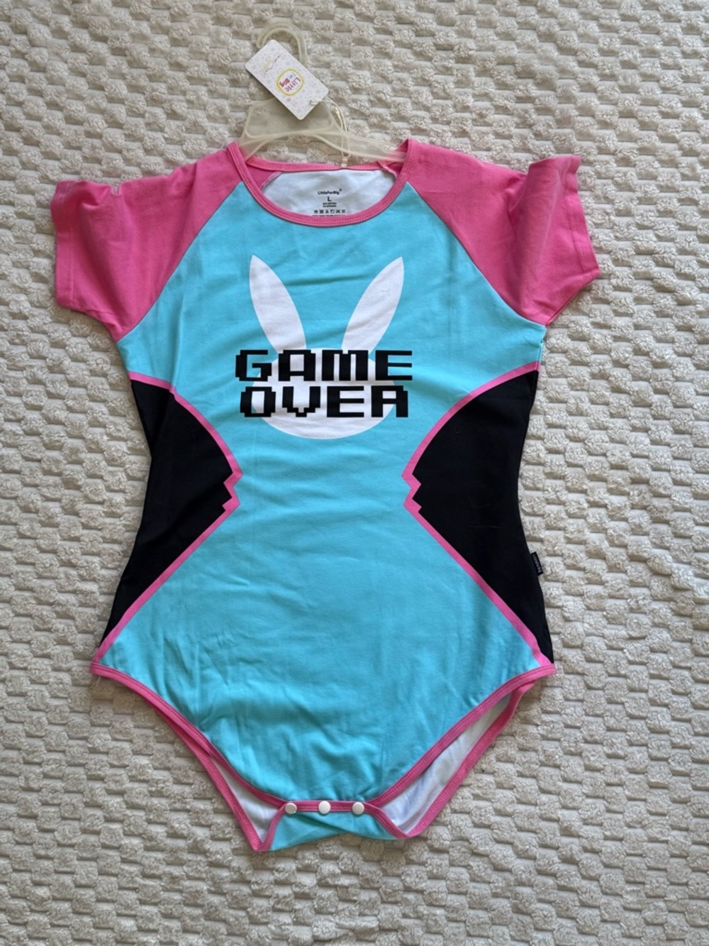 Diva “Game Over” Bunny Graphic One-Piece Bodysuit - Pink & Aqua